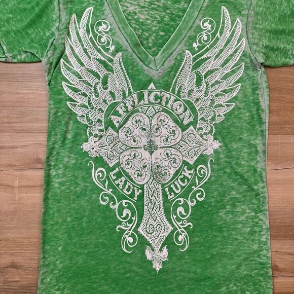 Affliction Womens S Lady Luck VNeck Tee Studded Green Burnout Alternative Grunge - Picture 2 of 4